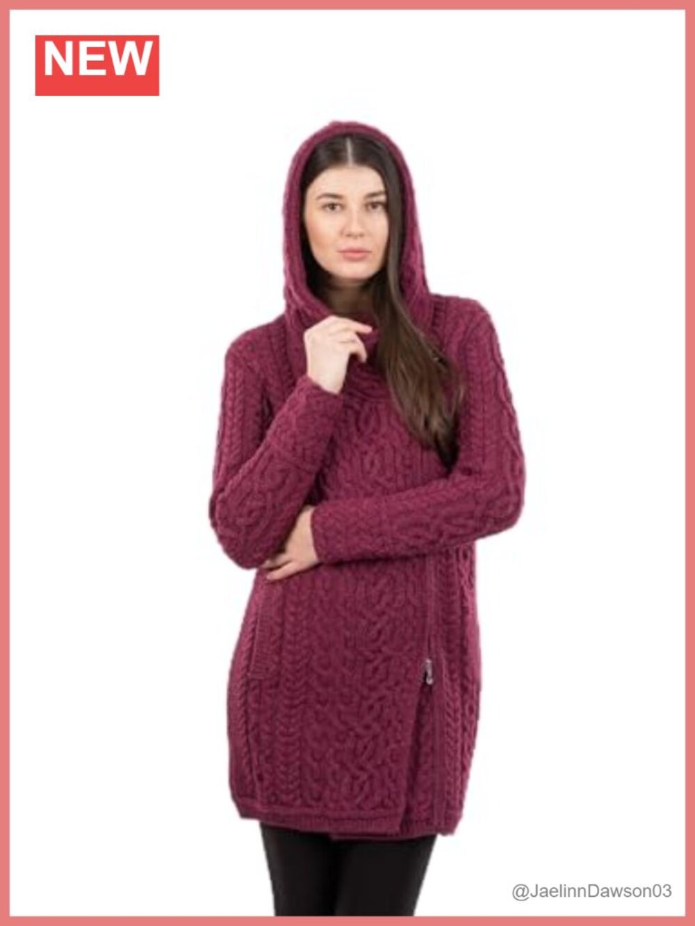 100% Merino Wool Irish Aran Zip Cardigan Coat with Pockets and Hood